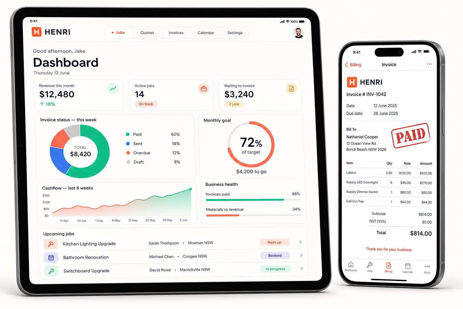 Henri running on iPad and iPhone — jobs dashboard and schedule