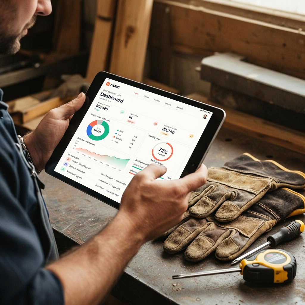 A tradesperson reviewing job details on a tablet in their workshop