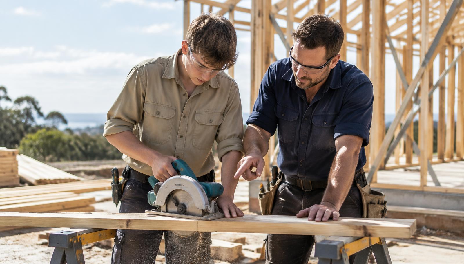 An experienced builder teaching a young apprentice to use a circular saw on a house build