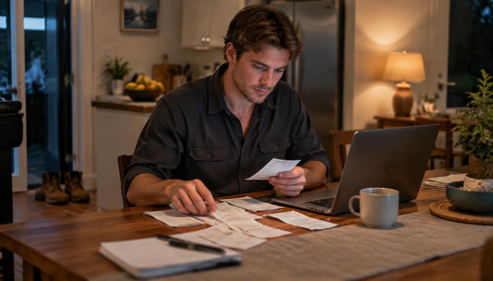 A young tradie at his kitchen table at night sorting receipts next to a laptop