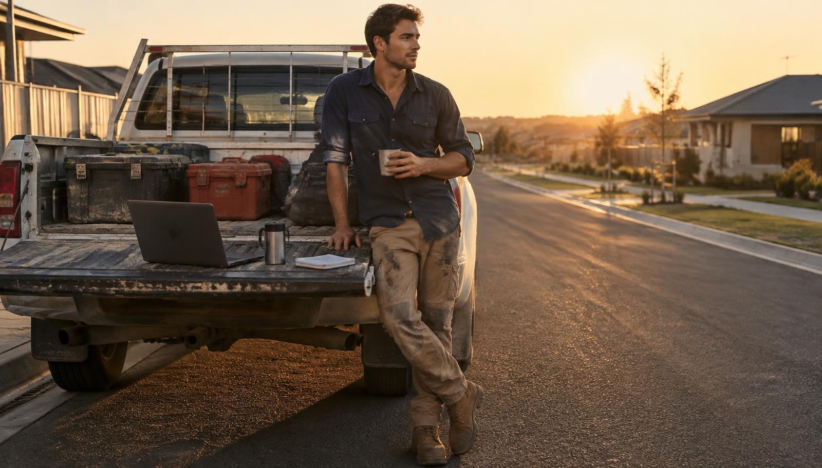 A young tradie in a work shirt leaning on his ute at sunrise with a laptop on the tailgate