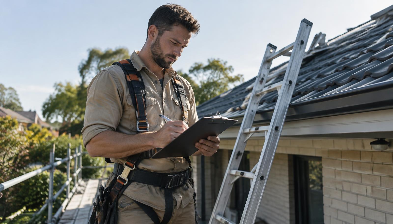 A roofer in a safety harness filling in a safety checklist on a clipboard before starting work