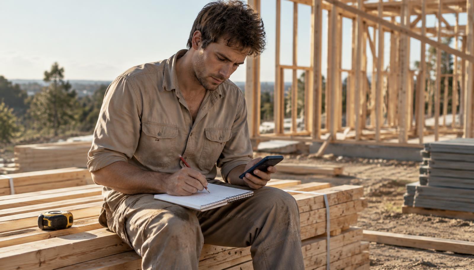 A young carpenter sitting on a timber stack working out a price with a notepad and phone