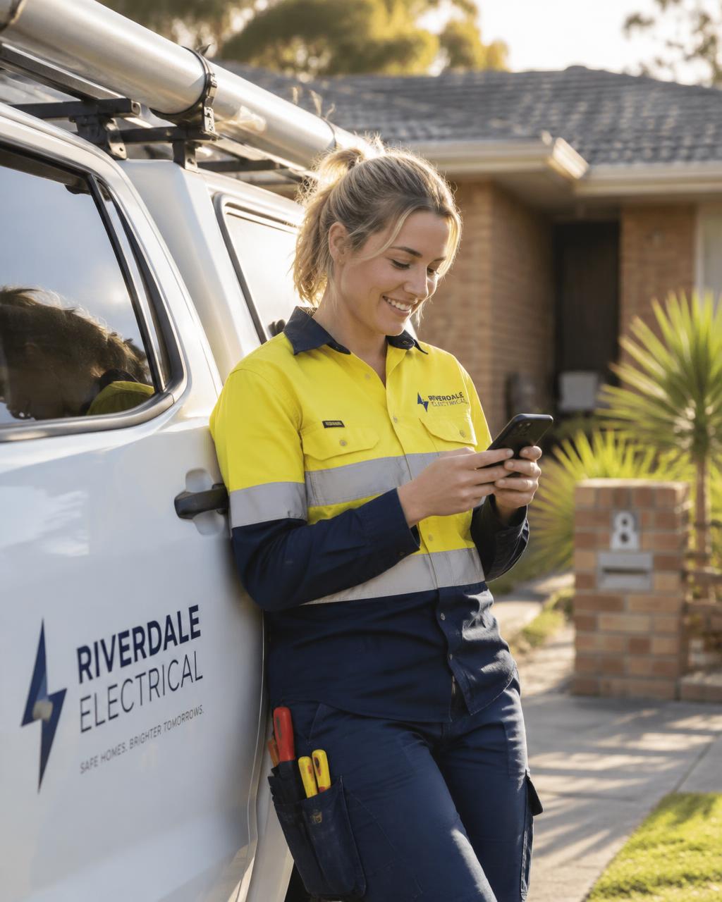 An Australian electrician checking a job on her phone beside her ute