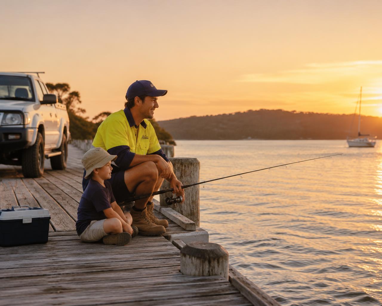 A tradie fishing off a jetty with his kid after work