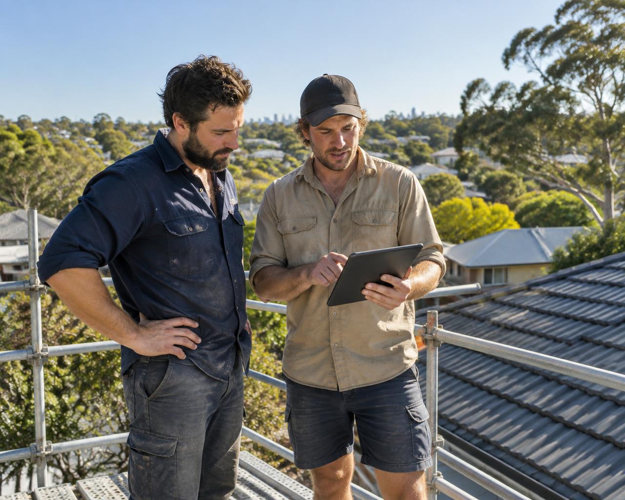 Two tradies on a roof checking a job on a tablet